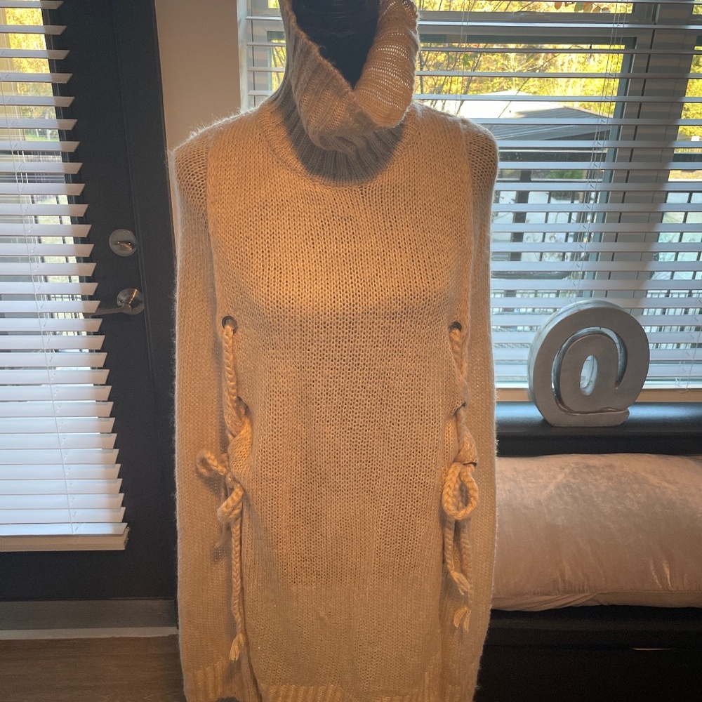 Betsy Johnson Cowl Neck Poncho Sweater Tan (side ties loops) New Never Worn